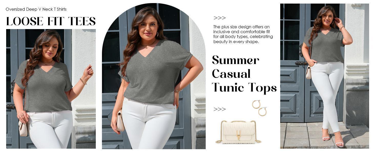 【XL-5XL】Imily Bela Curve Womens Plus Size V Neck T Shirts Short Sleeve Summer Dressy Casual Tunic Tops Loose Fit Tees Blouse