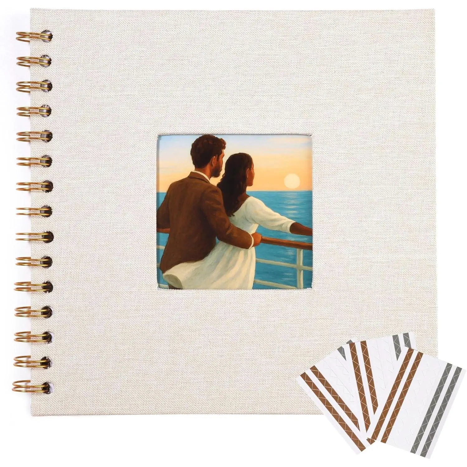 Beige Linen Scrapbook with Photo Window, 10x10 Inch Hardcover Album, 40 White Pages + Corner Stickers, DIY Memory Book for Wedding, , Travel