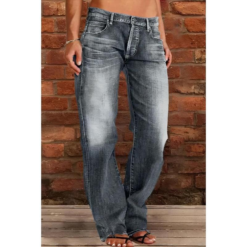 Women's Plus-Size Oversized Baggy Denim Pants - Mid-Rise, Ripped Straight-Leg, 90s Hippie Streetwear, Bleached, Knitting Detail, Button Closure, Pocket, Cold Wash, Casual Sports & Outdoor Bottoms, Plussize