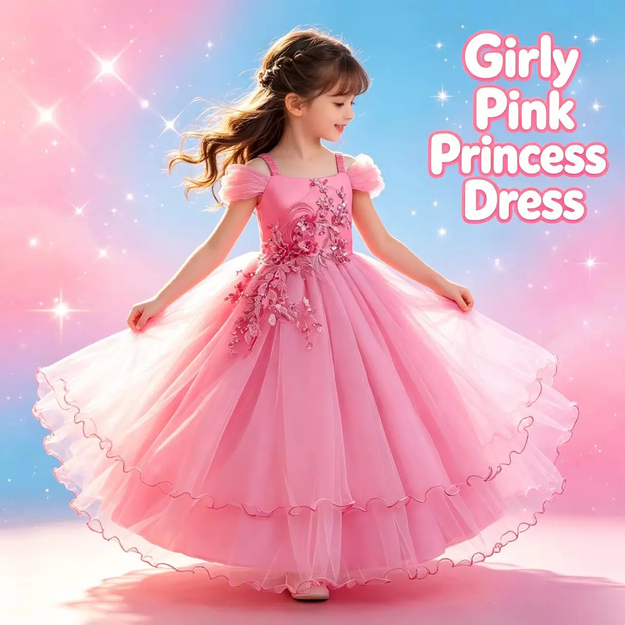 Girls' Formal Princess Dress, Elegant Floral Tulle Gown for Weddings, Parties & Pageants, Floor-Length, Child Size 6-14, Child Size Formal Dresses, Fairy Princess Formal Dresses
