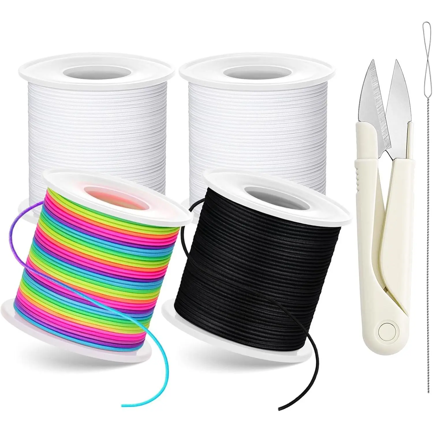 Sturdy Synthetic Stretchy Bracelet String Kit with Beadable Beading Cords & Threads, Cutting Tool, 4 Rolls 1mm Flexibility Elastic Cord (660FT, Black/White/Rainbow) for DIY Beading & Jewelry Making, Sewing, Diy Kit Beading Cords & Threads