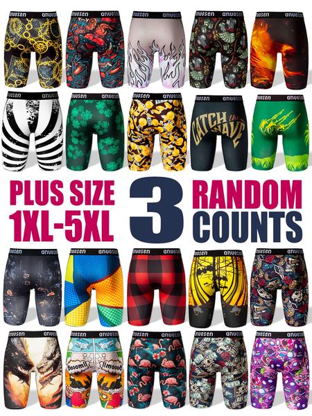 Random Plus Size 3pcs Men's Long Boxer Shorts, Casual Stretch Fit 1xl-5xl, Fun Patterns Including Cartoon, Stripes & Animal