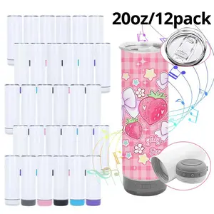 12pcs 20oz Music Water Bottle Sublimation Tumbler with Plastic Straw, Stainless Steel Double Insulated Speaker Water Bottle, Festival and Party Supplies, For Car, Home, Office, Summer Drinkware, Travel Accessories, Birthday Gifts, Festive Gifts.