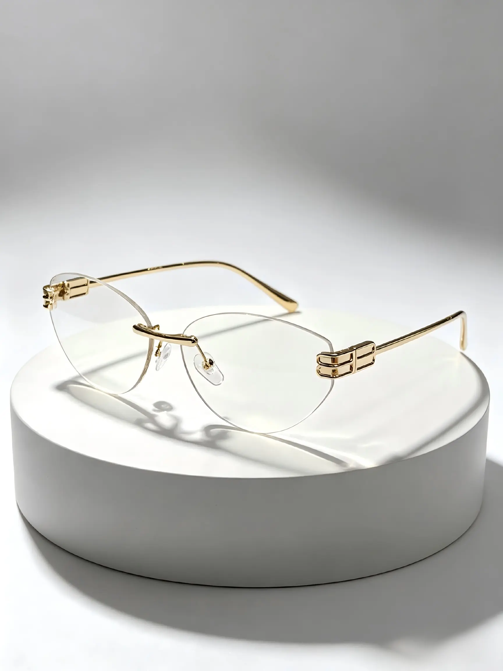 1pc Frameless Oval Cat Eye Decorative Glasses, Y2K Metal Fashion Eyewear, Sleek Eyewear, Hollow Out Temple, High-End Versatile Design