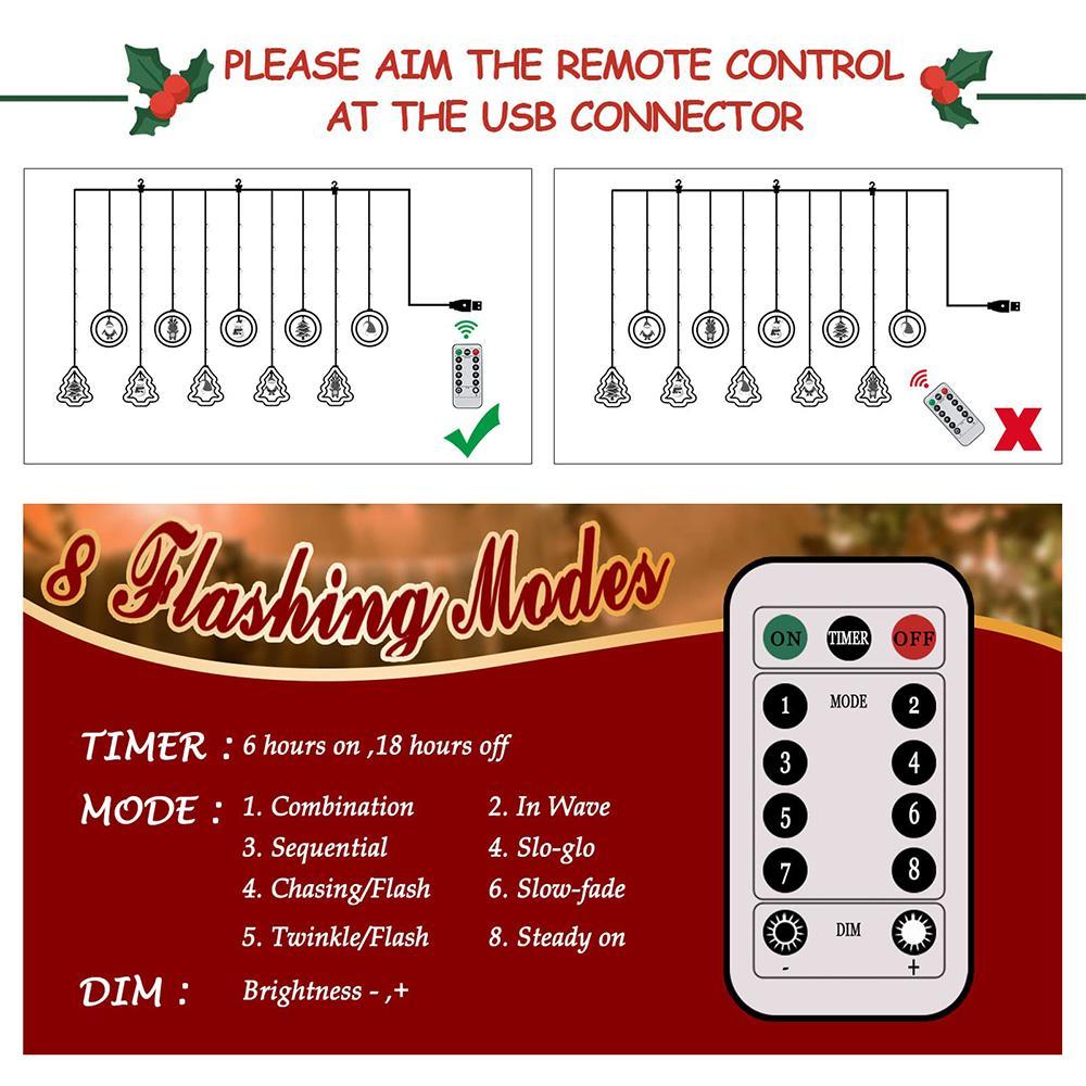 1PC Christmas Window Light,  Ornament LED Curtain Lights ,USB Powered DIY Light String with Remote Control, Cartoon Shape LED Lantern for Bedroom Patio Garden Party Home Indoor Outdoor Decor, Lighted Lantern