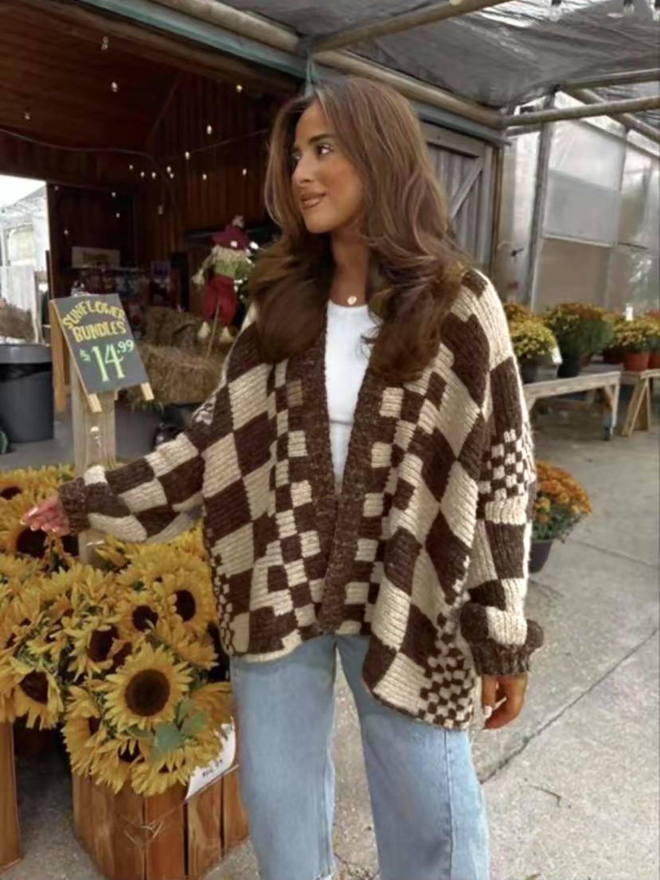 Women's Plaid Checkered Knit Cardigan, Lantern Sleeve Loose-Fitting Sweater, Casual Fall & Winter Fashion, Unique Design, New Arrival