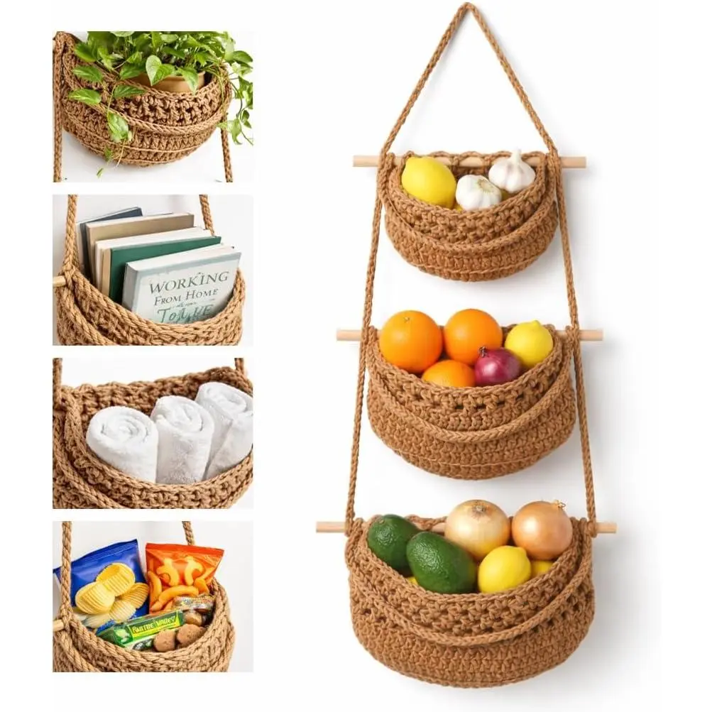 3-Tier Hangable Detachable Large Cotton Rope Hanging Fruit Basket for Kitchen, Wall-Mounted Home Organizer, Boho Farmhouse Decor, Space Saver for Small Kitchens, Plant & Vegetable Storage