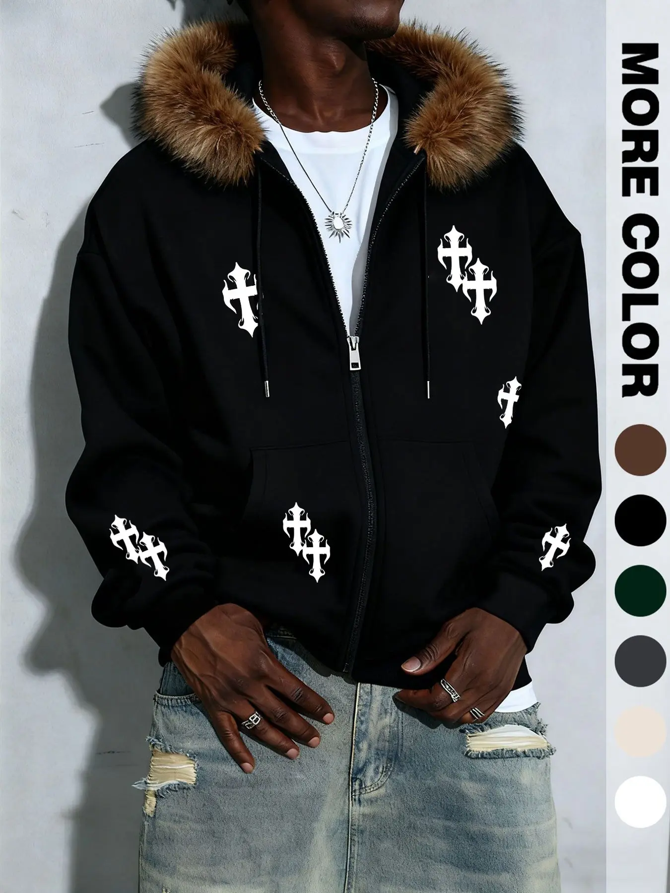 Men's Hooded Sweatshirt Faux Fur Zipper Jacket Fitted Gothic Cross Pendant Street Style Vintage Distressed Look Graphic Multiple Colors Available