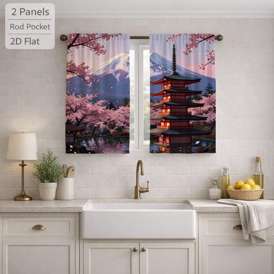2Pcs Japanese Style Pagoda Mount Fuji Cherry Blossom Landscape Sun Blocking Curtains Digital Printed Rod Pocket, Window Treatment For Bedroom Office Kitchen Living Room Study Home Decor