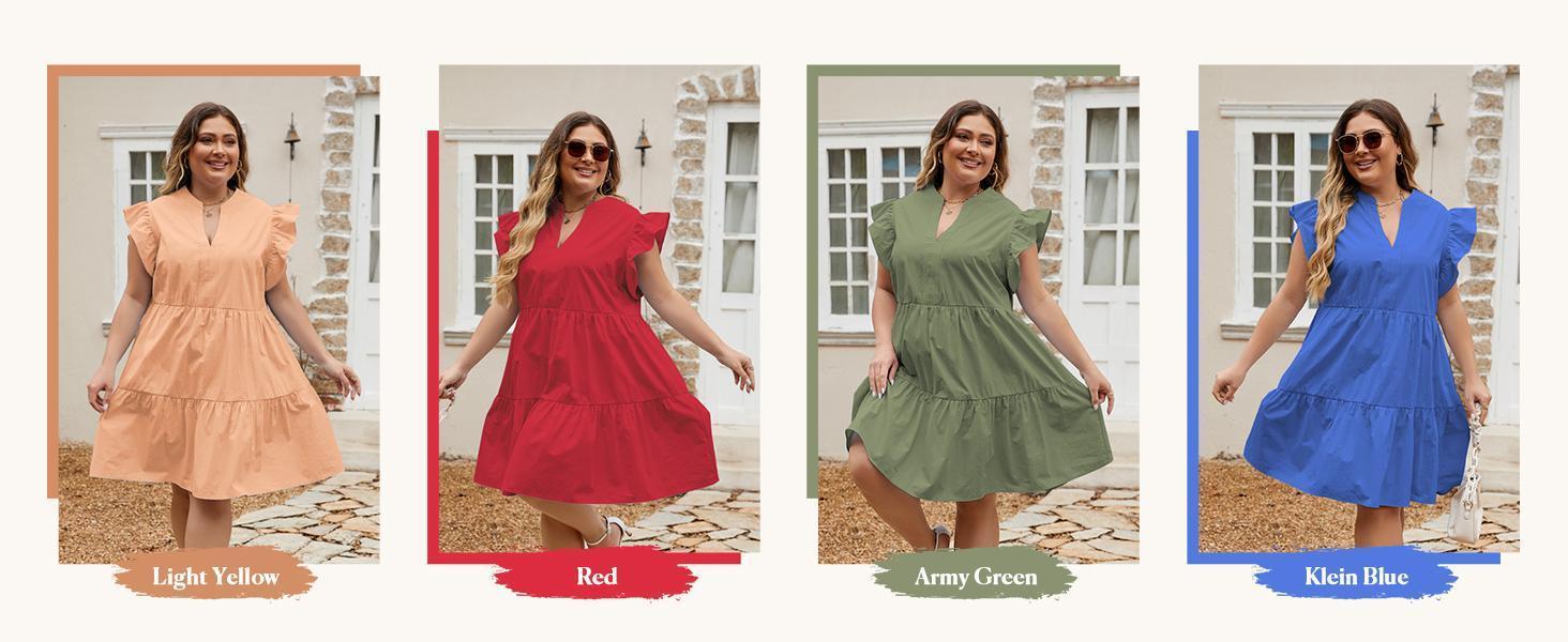 【1XL-5XL】Imily Bela Curve Plus Size Dresses for Women Summer Ruffle Short Sleeve V Neck Dress Tiered Swing A Line Babydoll Mini Dress