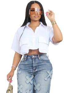 women's plain flap pocket button front crop shirt, casual short sleeve collared top for daily wear, ladies clothes for all seasons