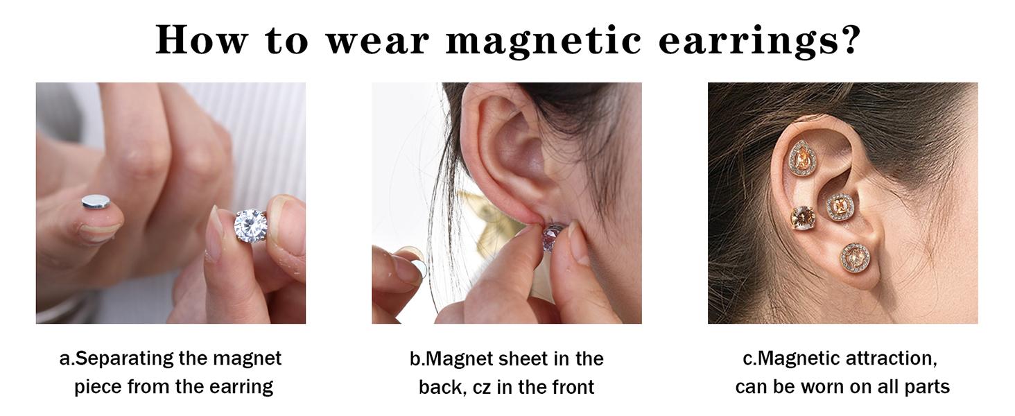 Florideco Stainless Steel Magnetic Stud Earrings for Women Non-piercing CZ Hypoallergenic Clip On Stud Earrings Round Square Teardrop Faux Diamond Halo Magnetic Earrings Set