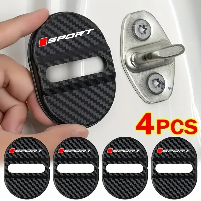 4-Pack Sporty Car Door Lock Hole Covers, Square Design, Carbon Fiber Texture, Shock Absorption, Noise Reduction, Rust Proof, Sealing Pad, Automotive Vehicle Accessory, Car Accessories