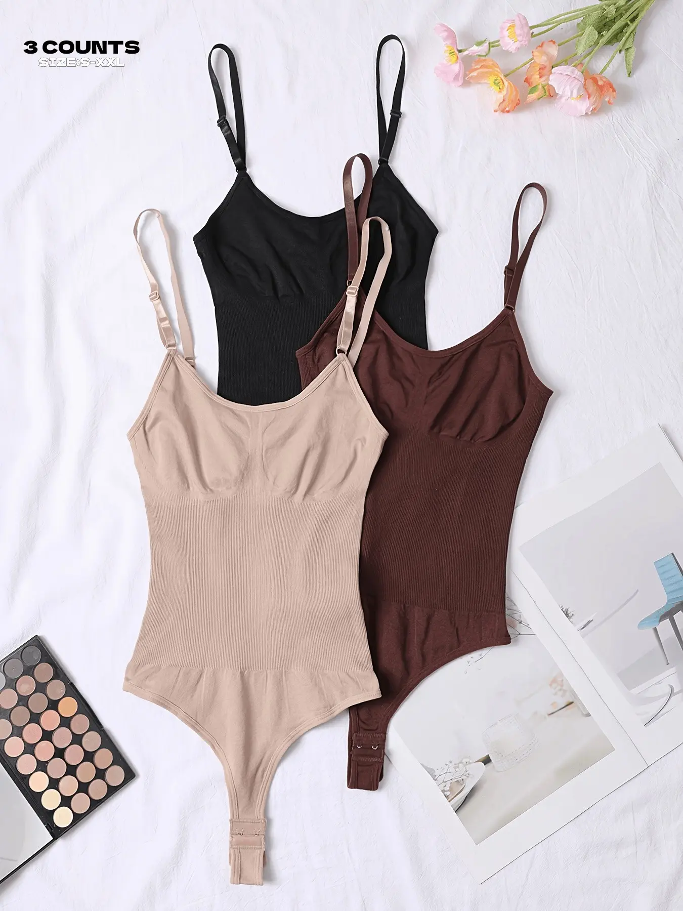 3-Pcs  Seamless Vertical Ruched Thong Body Suit, U-Neck Supportive Bra, Strong Waist Cinch Slimming Innerwear, Women's Shaping Bodysuit