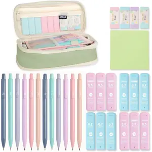 Aesthetic School Supplies with Cute Pencil Case, 12x Pastel Mechanical Pencils 0.5 & 0.7mm with 720x HB Leads, 4x Erasers and 1x Sticky Note, Suitable for Writing, Drafting Drawing Sketching(green)