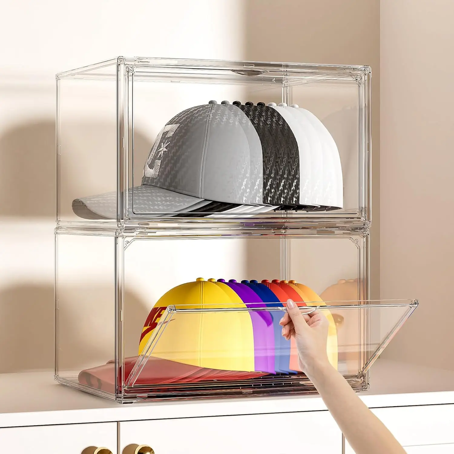 Clear Hat Box Storage, Baseball  Organizer for Baseball Caps, Hat  Display Case with Removable Compartment, Plastic Stackable Hats Holder Organizer Box with  Lid, 1 Pack