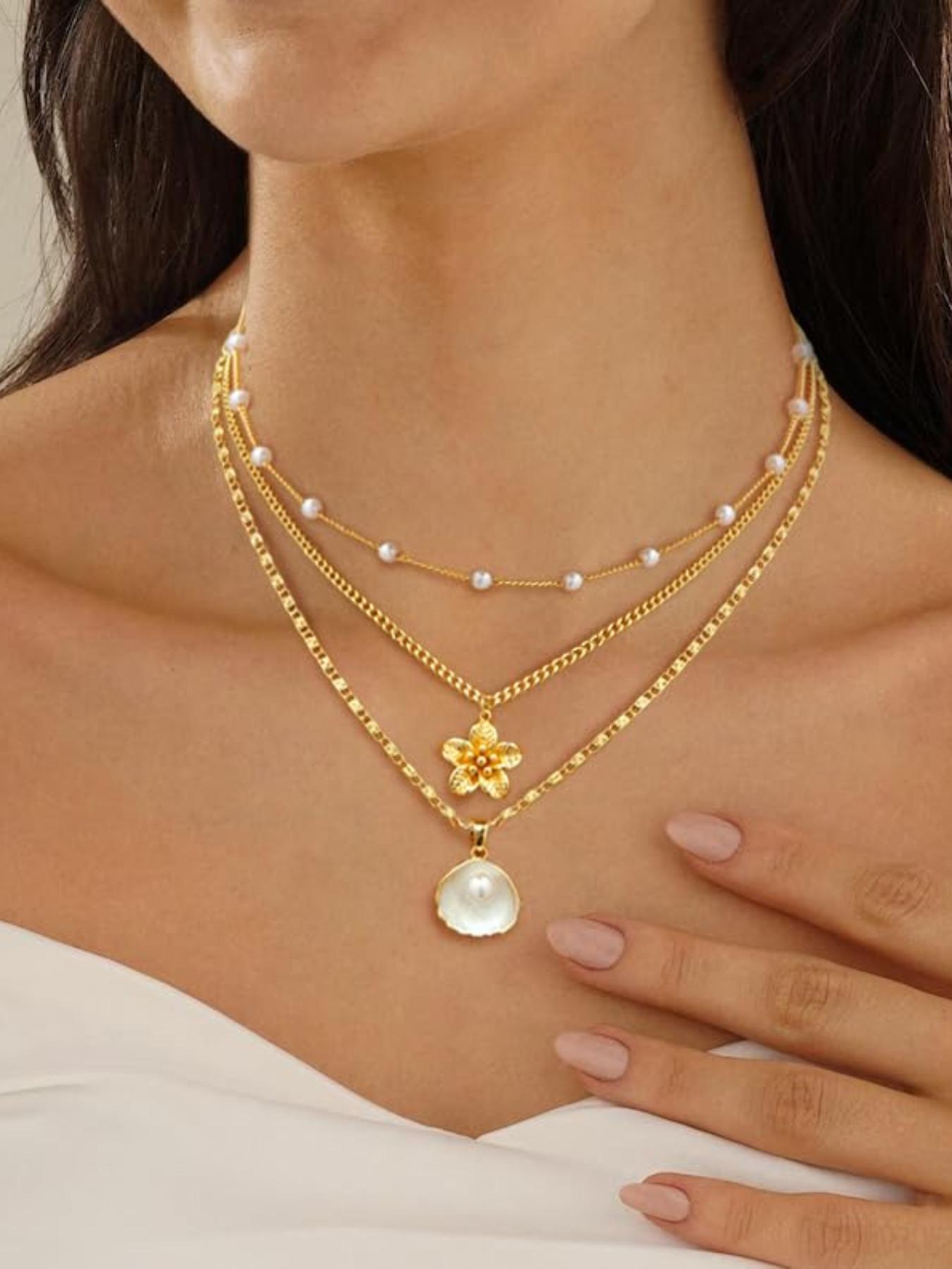Hothty Gold Layered Charm Necklaces for Women, Dainty Stackable Simple Waterproof Choker Necklace Seashell Pearl Beach Necklaces Set Jewelry Gifts Pearl Chain Necklace