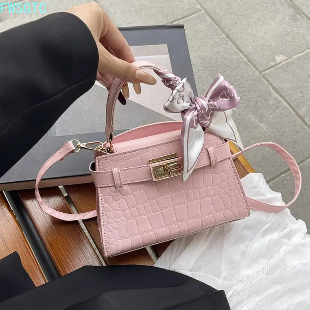 Pink Croc Embossed Mini Kelly Crossbody Bag French Elegant Satchel With Matching Twilly Scarf Compact Chic Purse Daily Commute Fashion Accessory summervibes