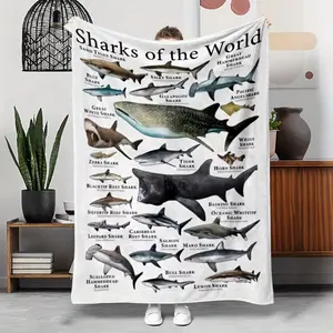 Sharks of the World Educational Throw Blanket Hypoallergenic Flannel Bed Blanket, Durable Tear-Resistant Coastal Animal Blanket for Kids Room Decor