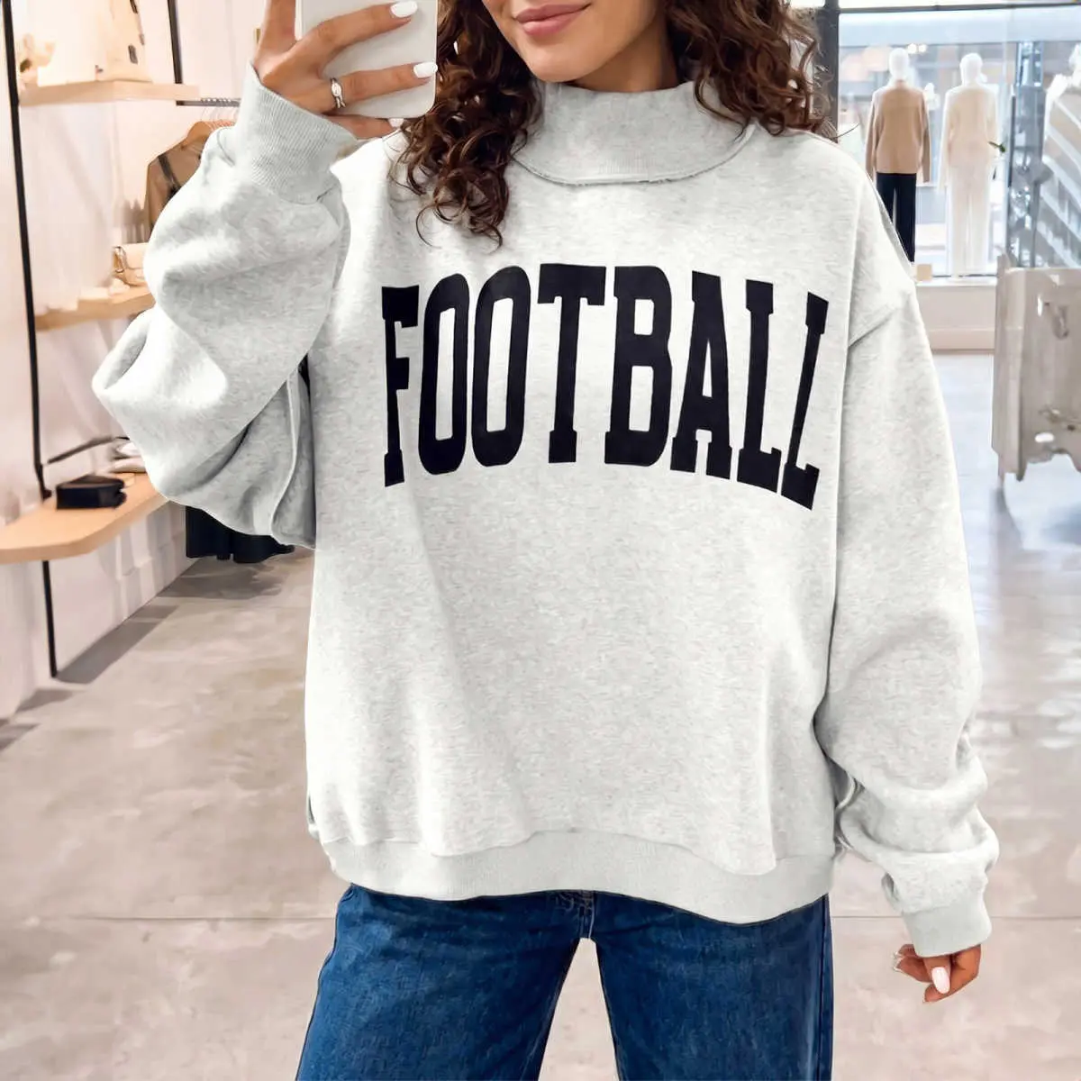 Women’s Reversible Game Day Football Sweatshirt, Double-Sided Graphic High Neck Long Sleeve Pullover with Ribbed Cuffs, Oversized Relaxed Fit Sports Fan Top