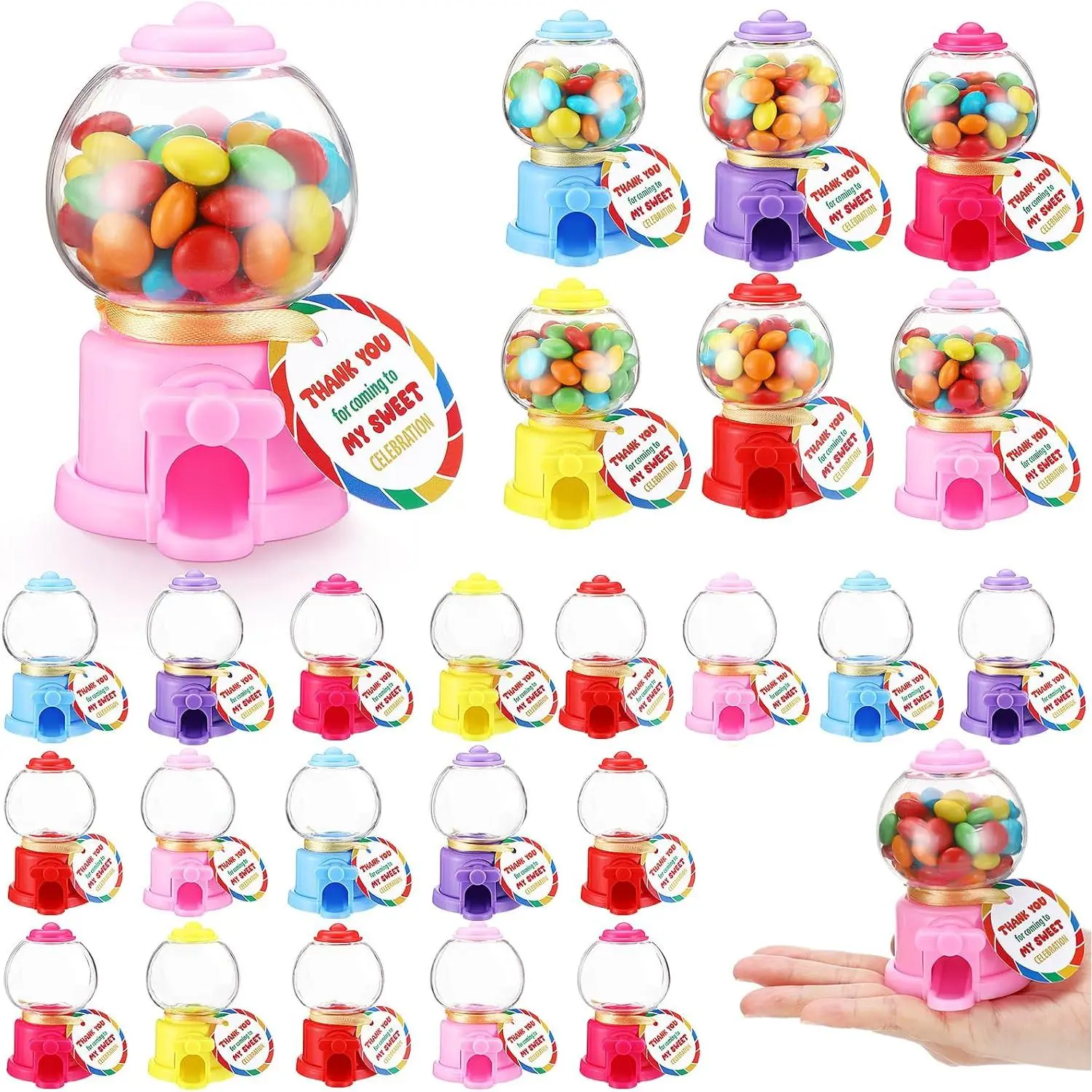 Candy Party Favors with 3.8 Inch Mini Candy Dispenser  Thank You Cards Mini Bubble Gumball Machines for Land Birthday Party Decorations Favors(18 Sets)