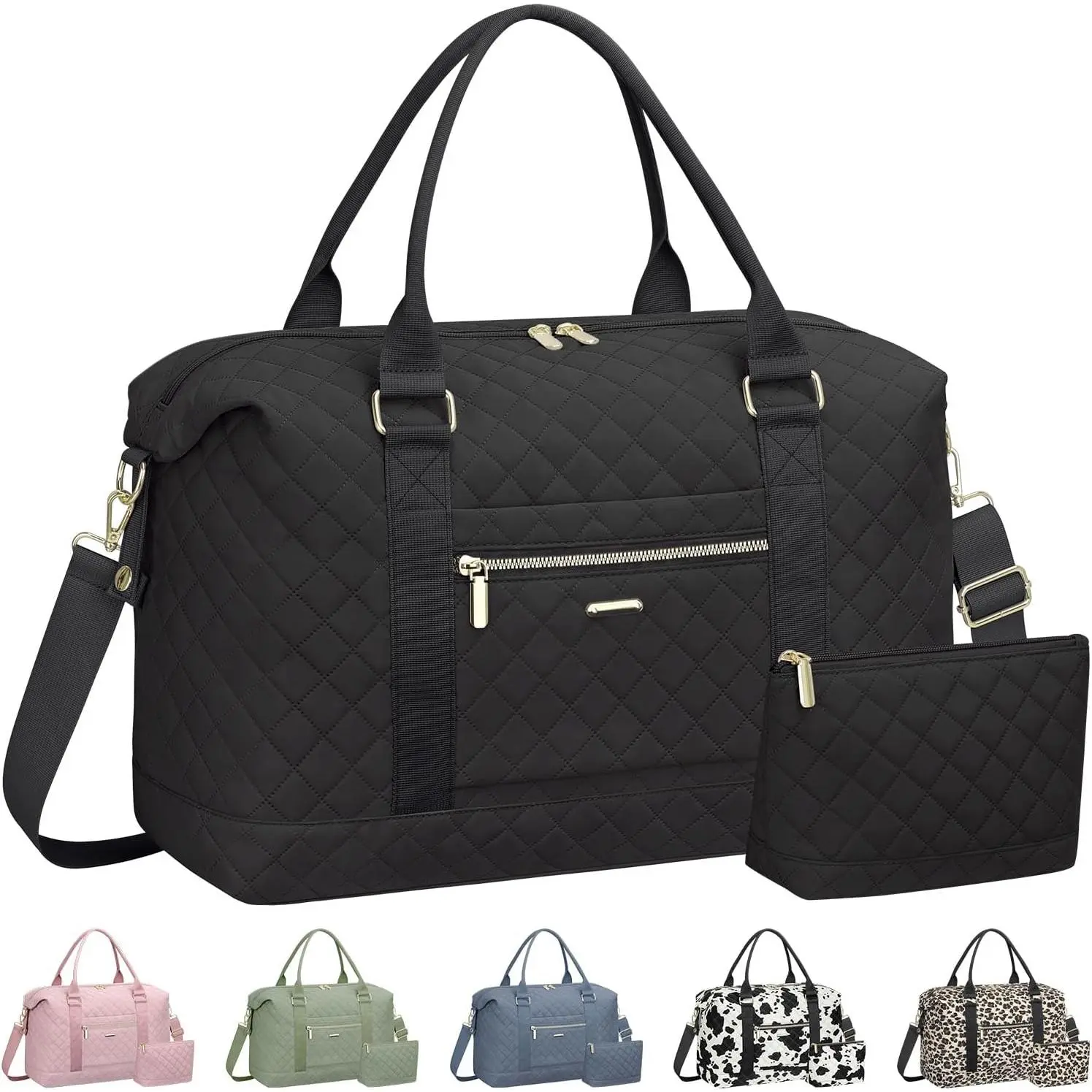 Quilted Travel Duffle Bag for Travel Women with Toiletry Bag, Large Weekender Bags for Women Carry  Duffel Overnight Bag,  Travel Tote Bags for , Weekender, Business, Black