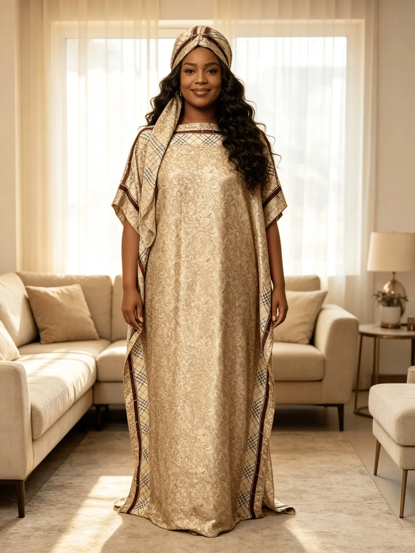 Black White Irregular Block Golden Leopard Patch Print Satin Long Kaftan Style Dress With Matching Headscarf, Silky Oversized Batwing Sleeve Maxi Abaya, Modest Boho Resort Loungewear Robe Vacation Outfit For Curvy Dark Skin Women