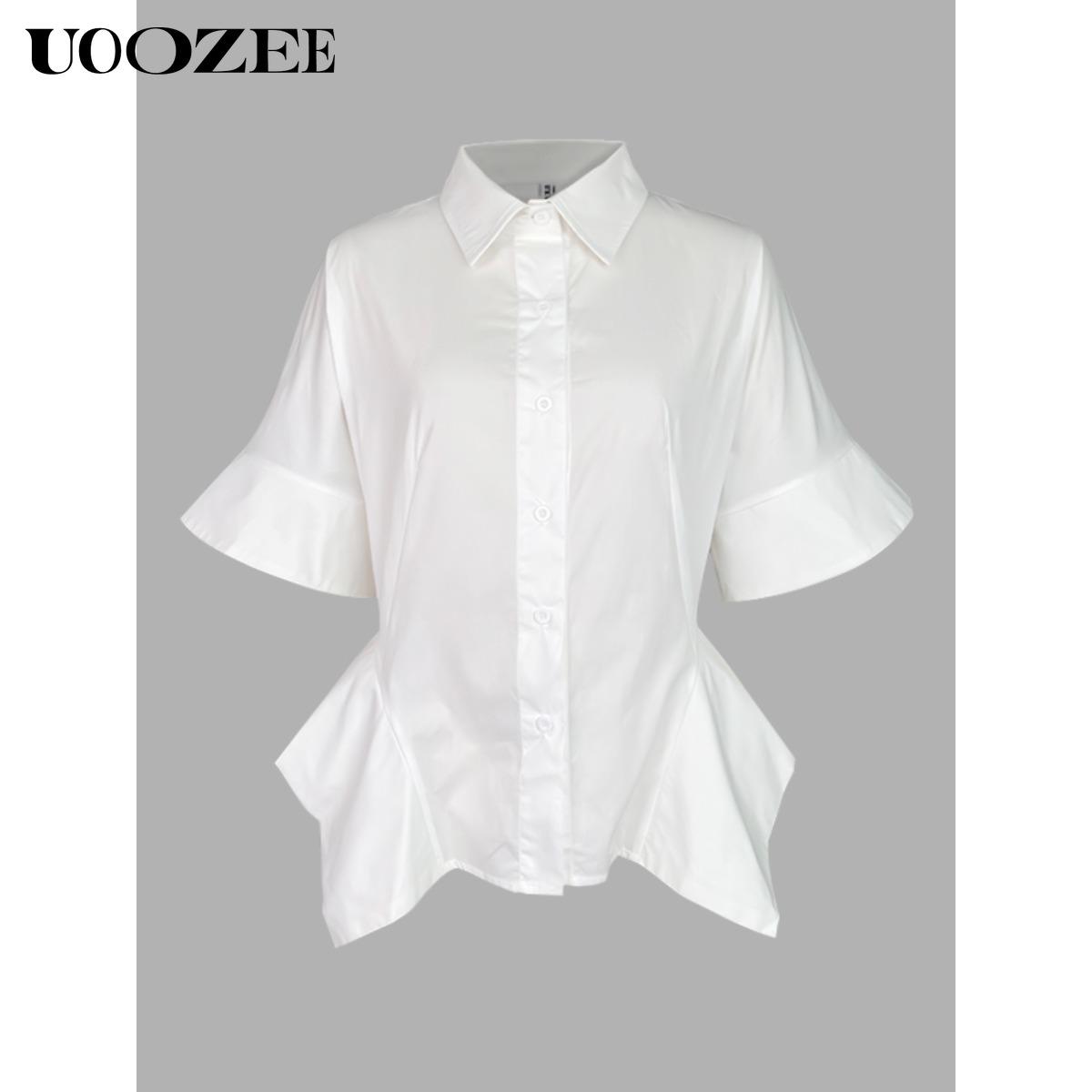 UOOZEE Women's New Summer Solid White 100% Cotton Lapel Collar Half Sleeve Sheer T-shirt, Waisted Irregular Ruffle Hem Loose Fit Buttoned Summer Blouse(One Size Up Recommended for C - Cup and Above)