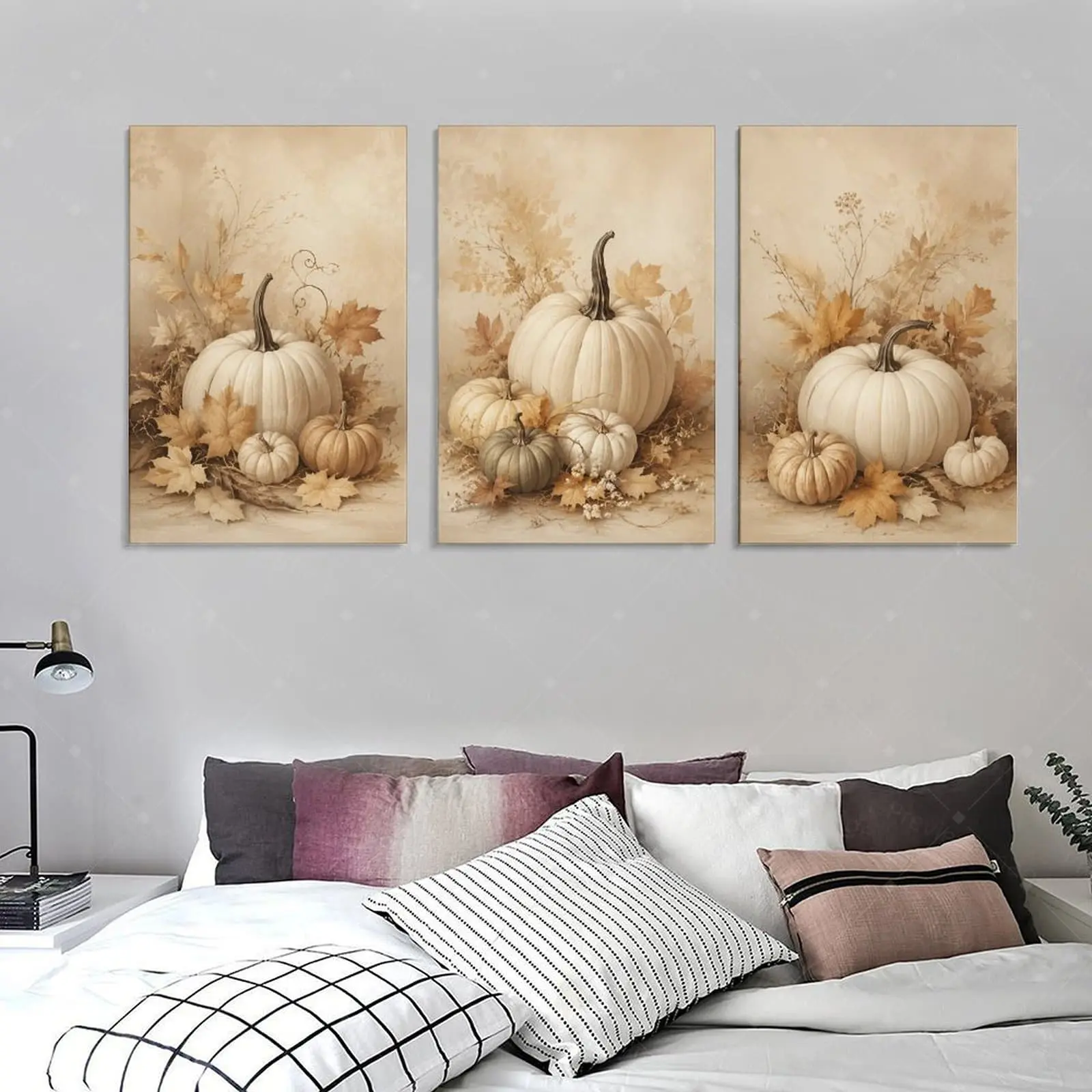 3 Piece Framed Neutral Pumpkin Canvas Wall Art, Vintage Autumn Leaves Poster, Beige Aesthetic Fall Decor for Living Room Bedroom, Thanksgiving Gift,wall decor,poster.