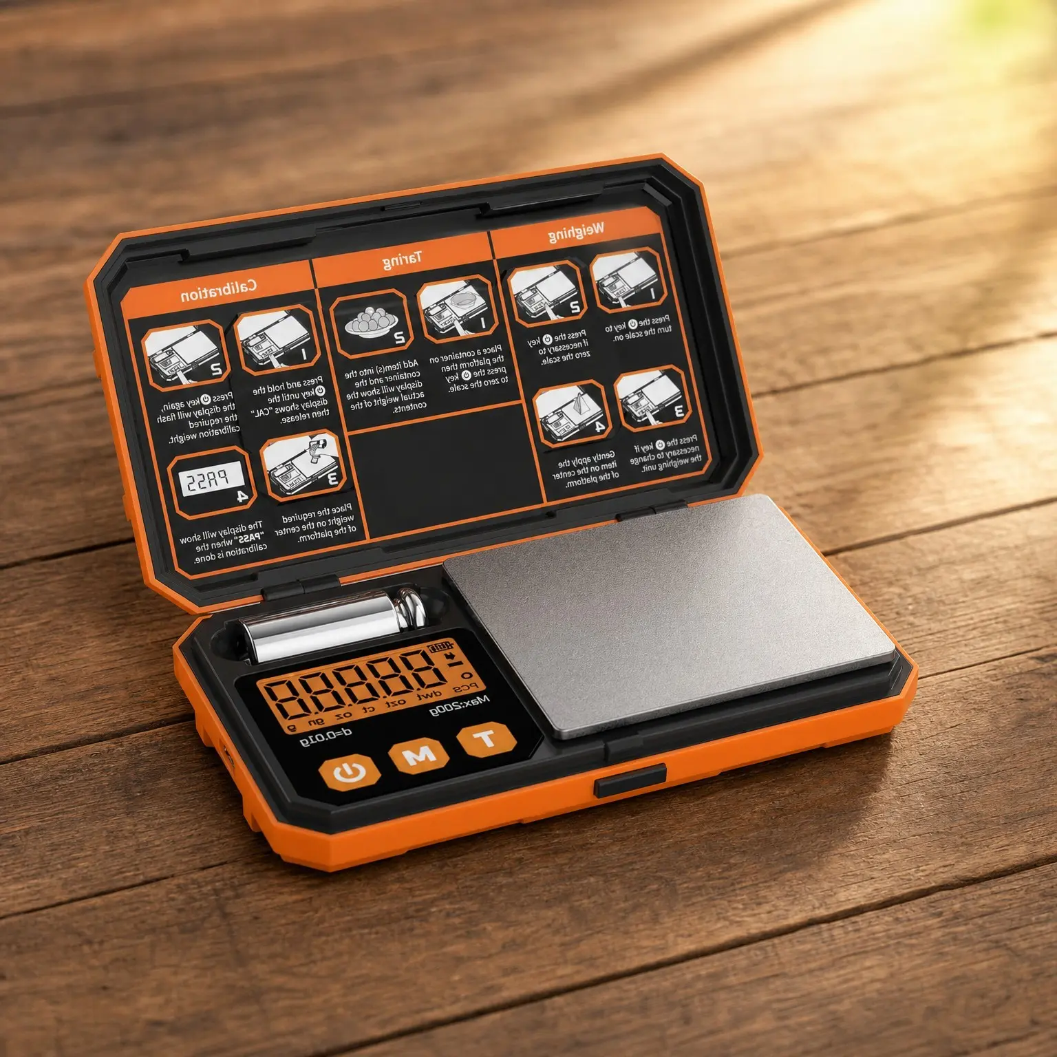 Pocket Scale, 200g x 0.01g, with 50g Calibration Weight and USB Cable | Digital Gram Scale, 6 Units, Backlit LCD, Stainless Steel Platform, Rubber Edges, for Jewelry, Coins, Powders, Food or GemsGift