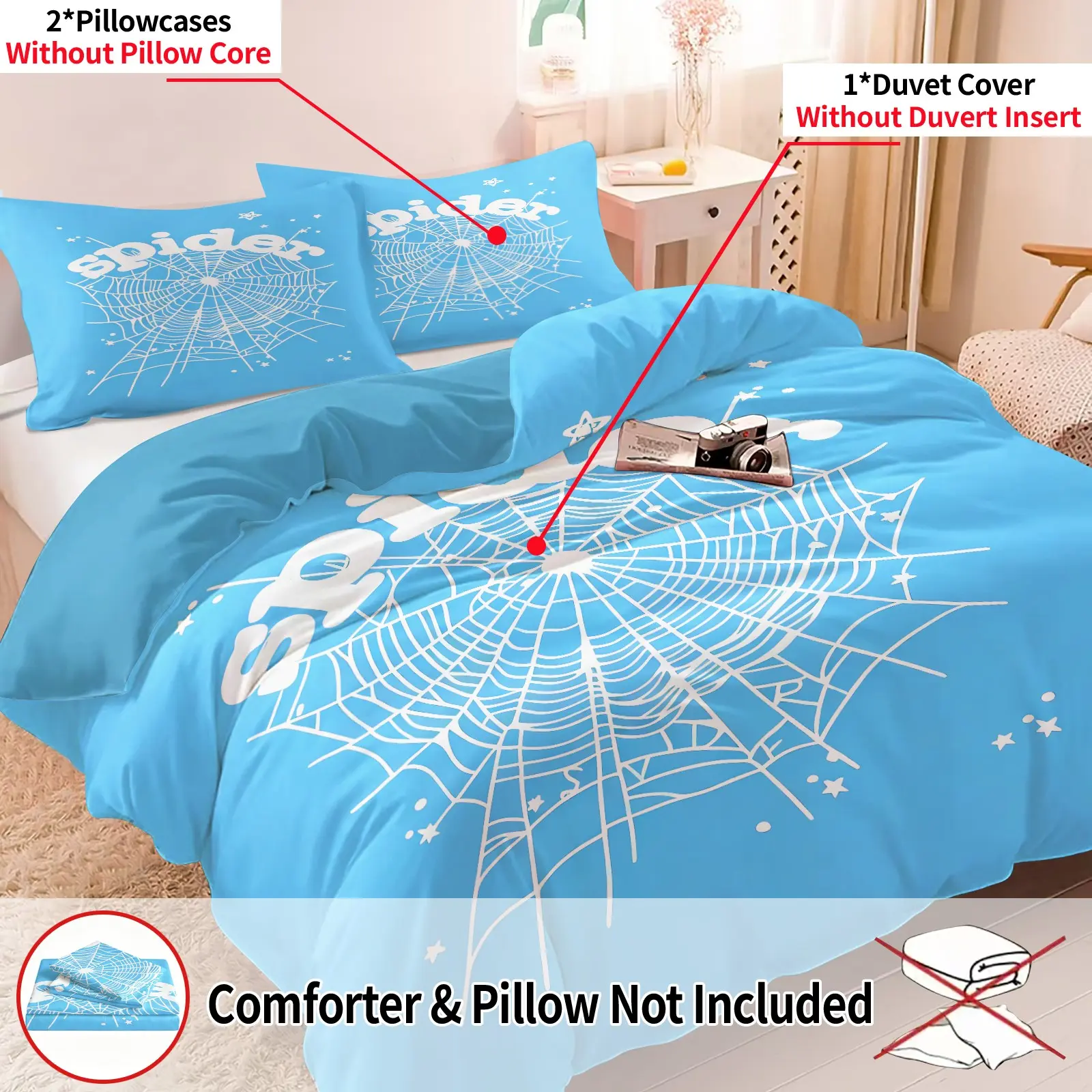 Abstract Spider Web Star Duvet Cover Set & 2 Pillowcases No Core, Light Blue Base White Spiderweb Star Letter Print, Comfortable Breathable Bedding, Fresh Street Style Teen Bedroom Gaming Room Decor, Gift, Printed Bedding Set