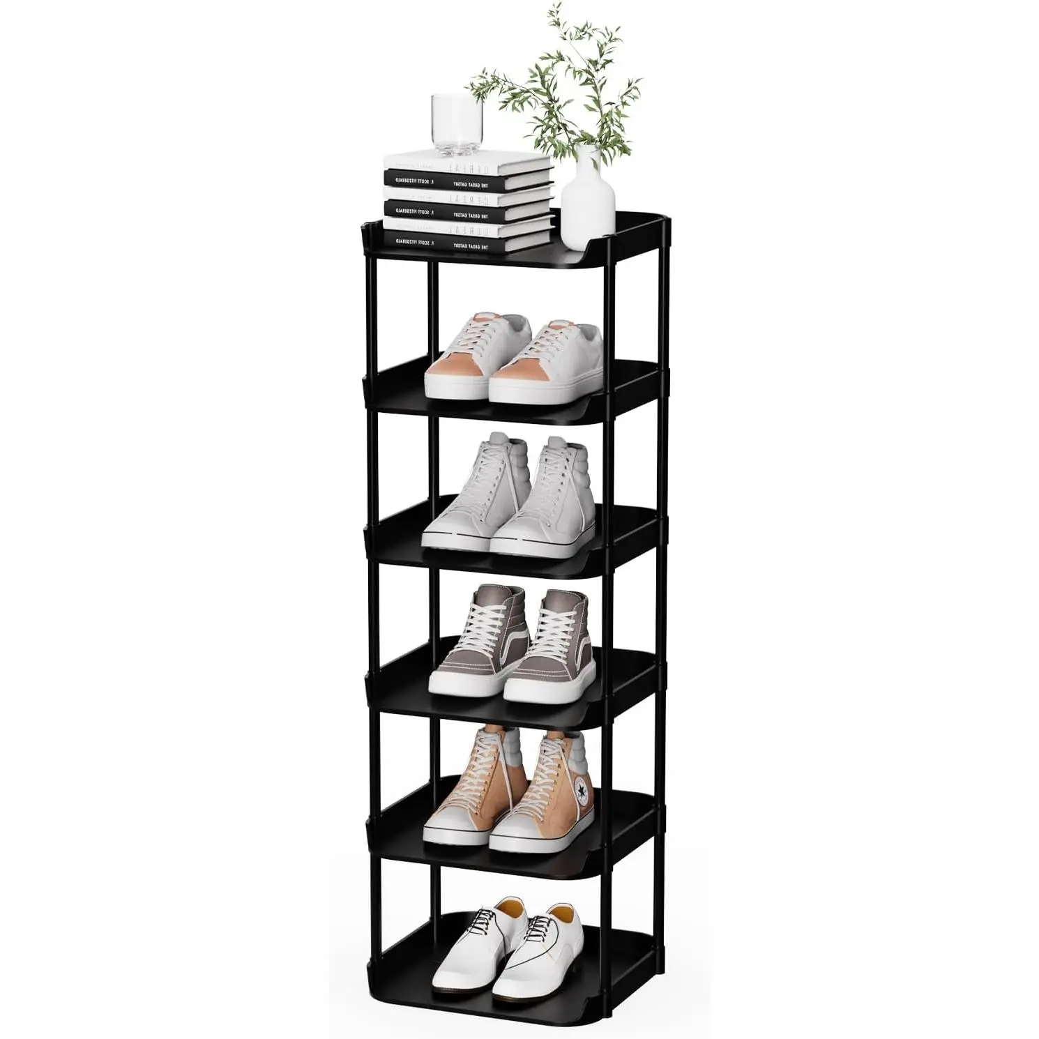 6 Tier Vertical Narrow Shoe Rack, Stackable Tall Skinny Shoerack, Compact Single Shoes Storage Tower for Slim Space, Corner Plastic Shelves, for Hallways, Entryway, Bedrooms Organizer, Black