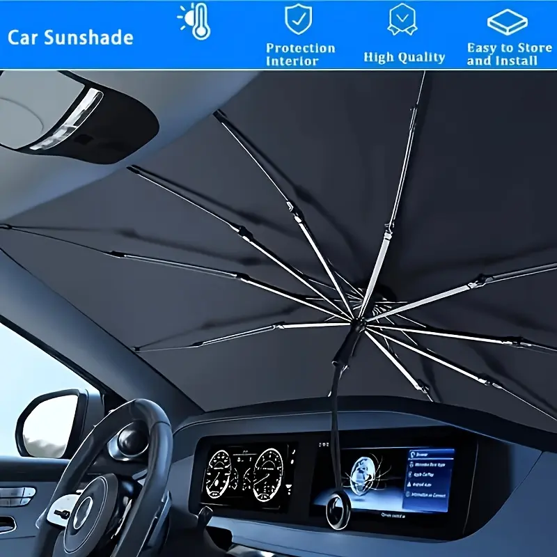 1-piece laser reflective car sunshade, universal fit for all car windshields, upgraded car sunshade, easy to install, foldable design for convenient storage, blocks heat and UV rays to keep the car interior cool, ideal car interior accessory for summer.