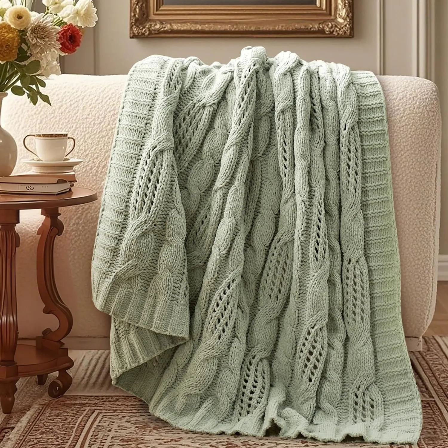Chunky Knit Throw Blanket, -Sided Soft Chenille Breathable  Knitted Blanket for Couch,  Decorative Throw for Sofa & Chair, 50"x60", Sage Green