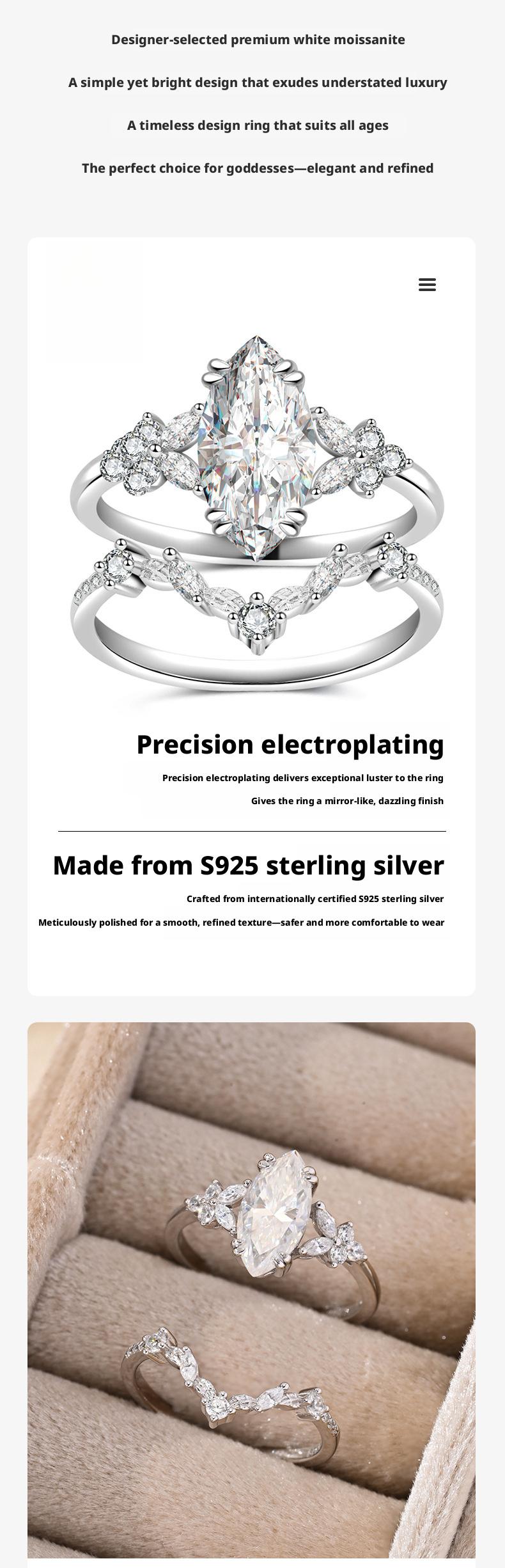 Marquise Cut 2.0CT D VVS1 Color Lab-Created Moissanite Ring S925 Sterling Silver 18K Gold Plated Jewelry for Women Engagement Wedding Lady's Gift Luxury, Light Luxury Fashion High-end Niche Birthday Gift, Exclusively Designed for Ladies
