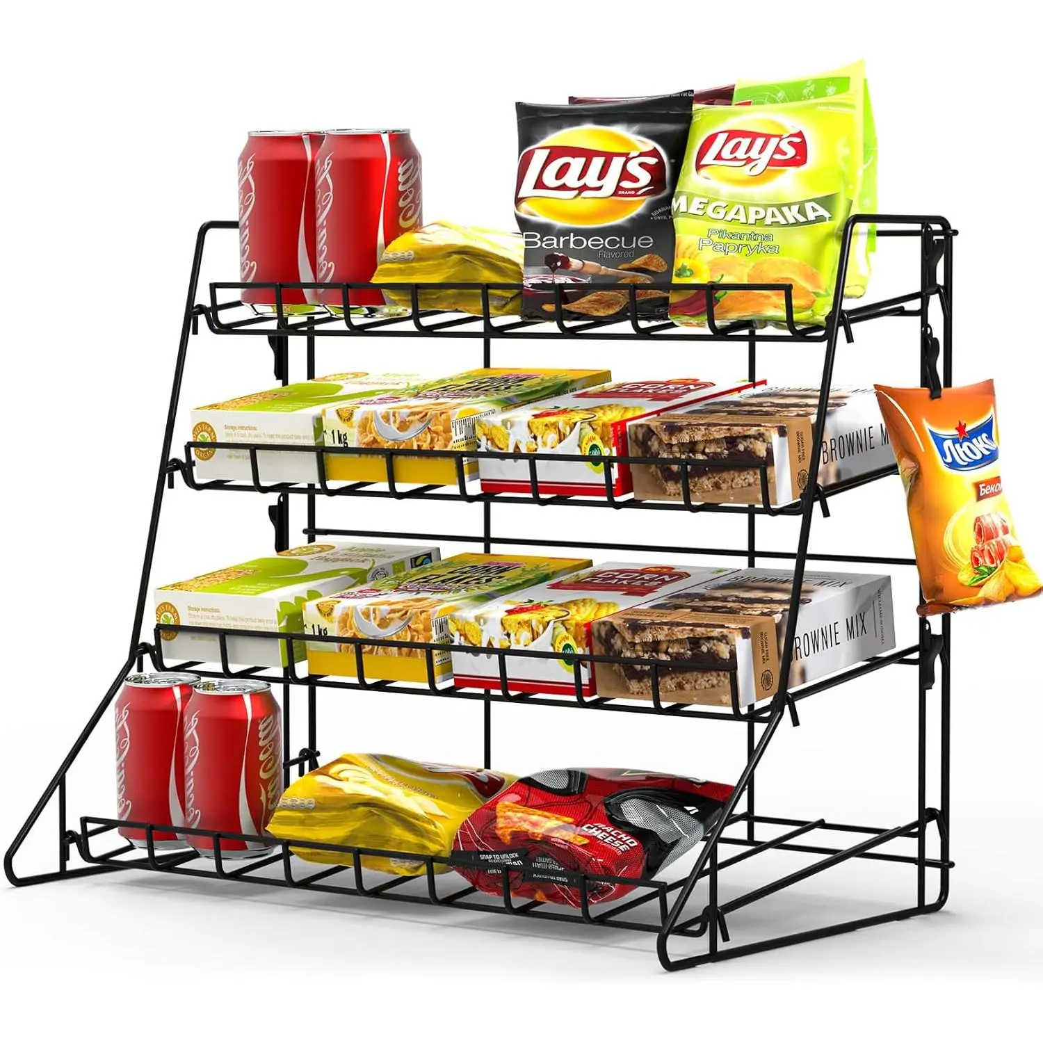 Black Metal Retail Display Rack - Countertop Snack Organizer Shelf, Merchandise Display Stand for Retail Store Supplies,  Theatre Concession Stand