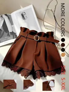 New Summer Fall Women High-Waist Belted Lace Hem Shorts Bottoms, Slimming Fit Casual Short Pants, Fashionable Versatile Piece