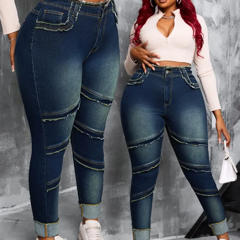 【Plus Size】 Raw Hem High Waist Dark Wash Stretchy Denim Jeans, Denim Pants Basic Comfy Slim-fitting Outfits Women's Bottoms for Summer