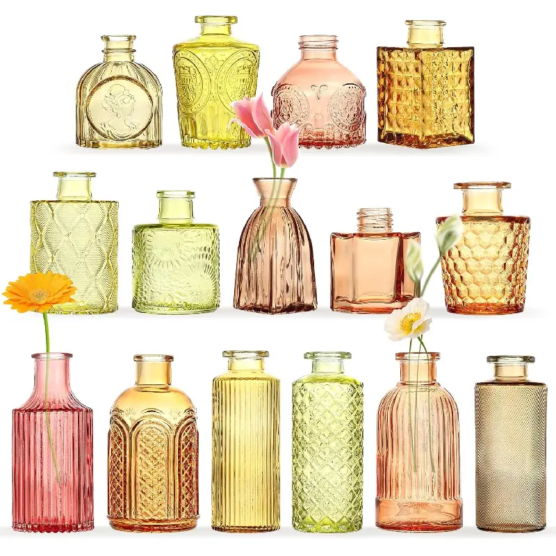 15Pcs Colored Glass Bud Vases, Wedding Table Decor, Bulk Housewarming Gift |   Colored bud vases in bulk, Rustic embossed,Vintage-styled glass vases for centerpieces,15 unique vintage styles(1 per design)