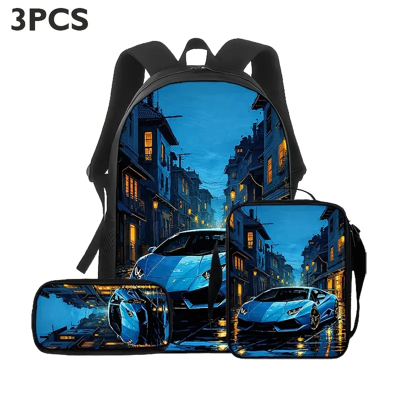Blue Sports Car 3-Piece Backpack Set, Supercar School Bookbag with Matching Lunch Bag and Pencil Case, Racing Car Backpack for Boys Girls Teens, Auto Fan Gift, School Travel Daypack Gift Idea