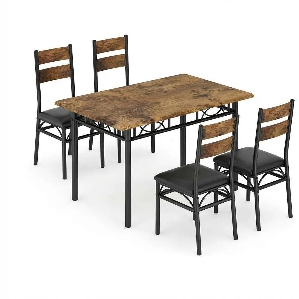 Modern Industrial 5‑Piece Dinette Set, Rectangular Wooden Dinner Table with Upholstered High‑Back Chairs for Apartment Dining Room & Kitchen Use