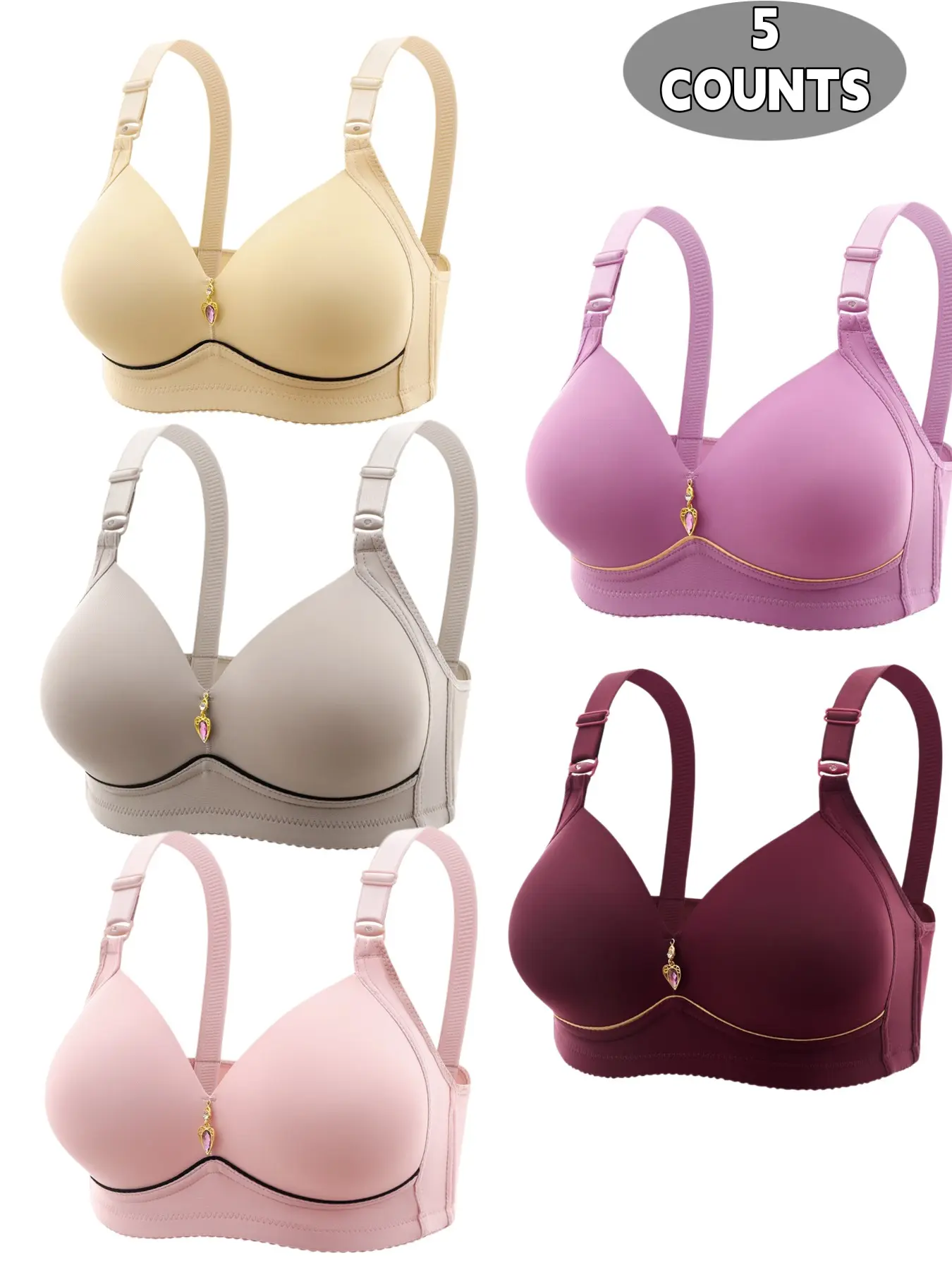 5-Pack Women's Lace Wireless Push-Up Bras, Seamless Comfort Fit, Daily Wear Underwire-Free Bra, Breathable Soft Fabric, Full Day Support