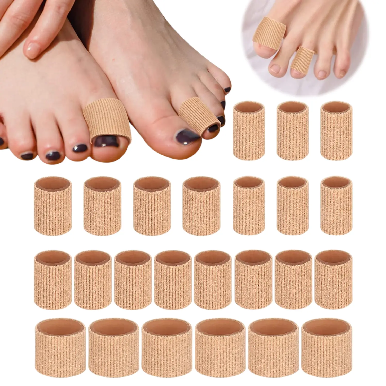 24 PCS Gel Toe Protector Sleeves, 0.98 Inch Reusable Fabric Covered Gel Toe Tubes, 3 Sizes Cushion Pads for Blisters, Corns, Calluses, Bunions and Overlapping Toes Relief for Women