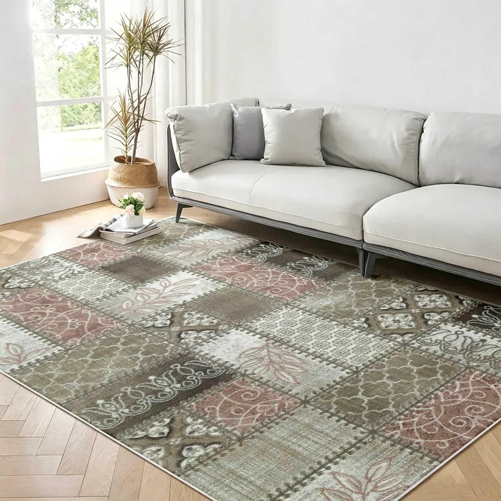 Neutral Patchwork Area Rug, Rustic Geometric Carpet for Bedroom, Non-Slip Washable Soft Floor Mat, Summer Aesthetic Moving Season