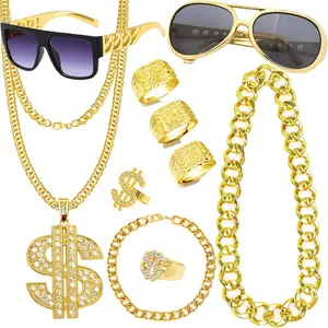 90s Hip Hop 80s Costumes Outfit Kit for Men Women Fake Gold Chain Necklace Dollar Sign Jewelry Rapper Accessories