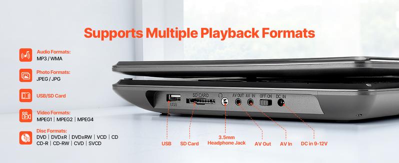 VEVOR Portable DVD Player, 14 inch HD Swivel Display Screen, 4.5-5 Hours Built-in Rechargeable Battery, Dual Speakers, Support Sync TV/USB/SD Card/CD/DVD, Car Charger, AC Power Adapter, Remote Control