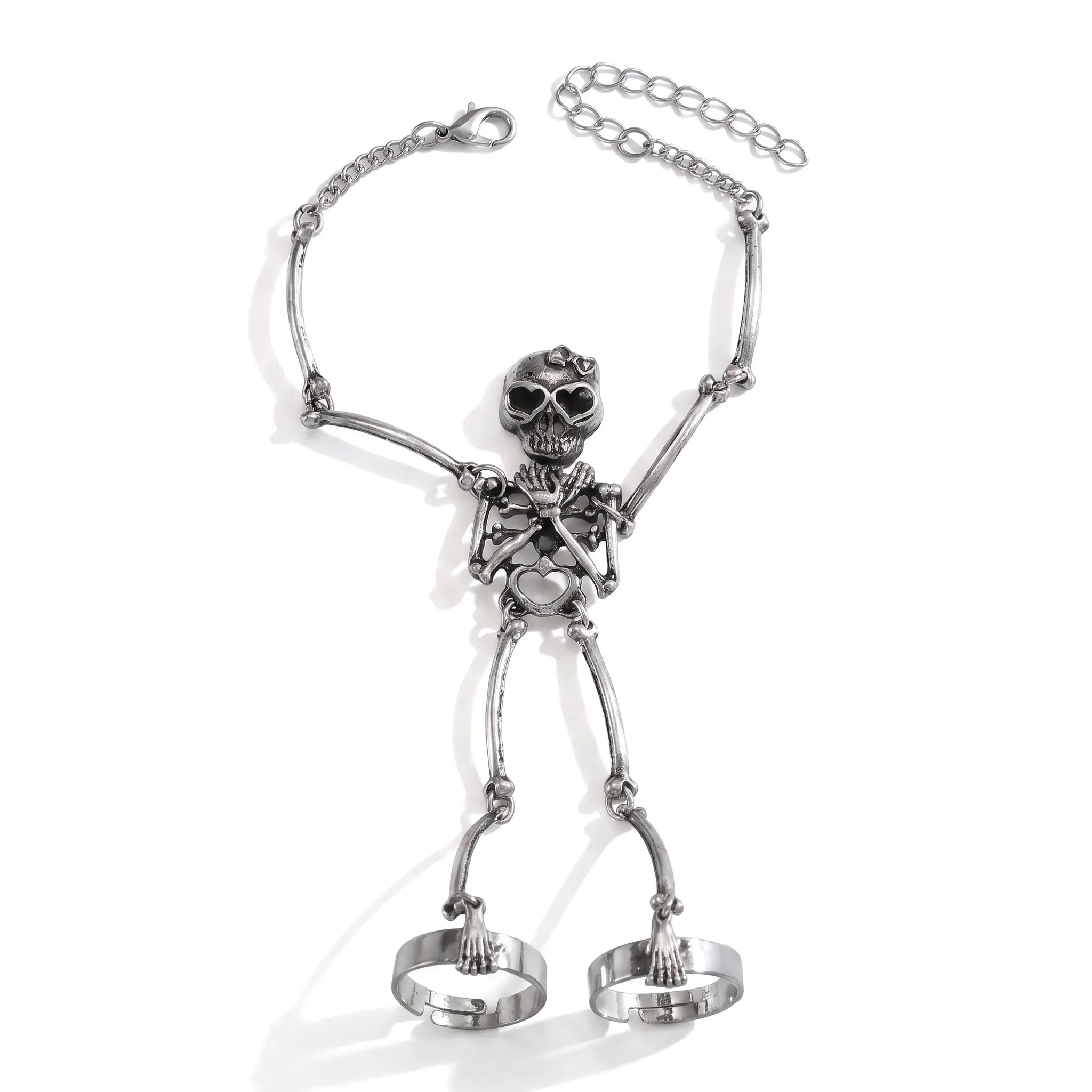 Gothic Exaggerated Skeleton Bracelet With Double Rings Hand Harness Funny Creative Skull Bone Jewelry For Women Men Alt Fashion Y2K Aesthetic Streetwear Statement Piece Viral Accessories Goth Core