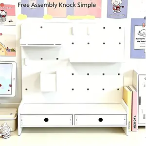 Hole plate desktop vertical board card storage display rack with layered partitions, dormitory star-chasing punch-free shelf, dressing table cosmetics storage rack, desktop storage, Table organizers, It includes 2 drawers, 3 hooks