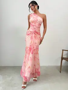 Women’s Floral Mesh Asymmetrical One-Shoulder Ruched Fitted Floral Dress, Elegant Chic Waist-cinched Comfortable Maxi Dress for Summer Casual Wear. Ideal for Daily Outings, Dates, Beach Vacations, Weddings, Trips & Parties.