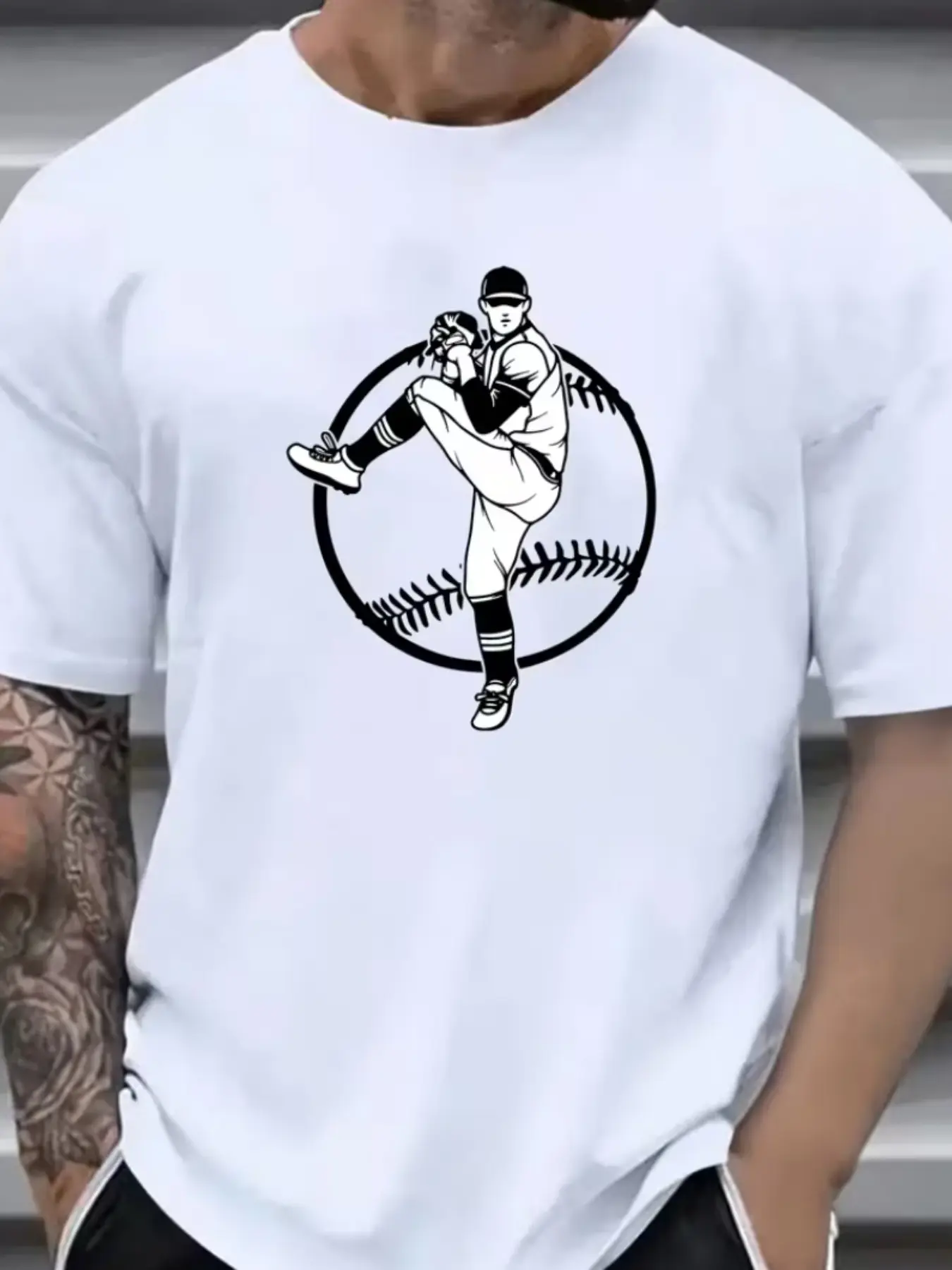 Baseball Pitcher Print Crop T-Shirt, American Sports Casual Pattern, Fitted H-Type Design, Plain Surface, No Collar, Without Zipper